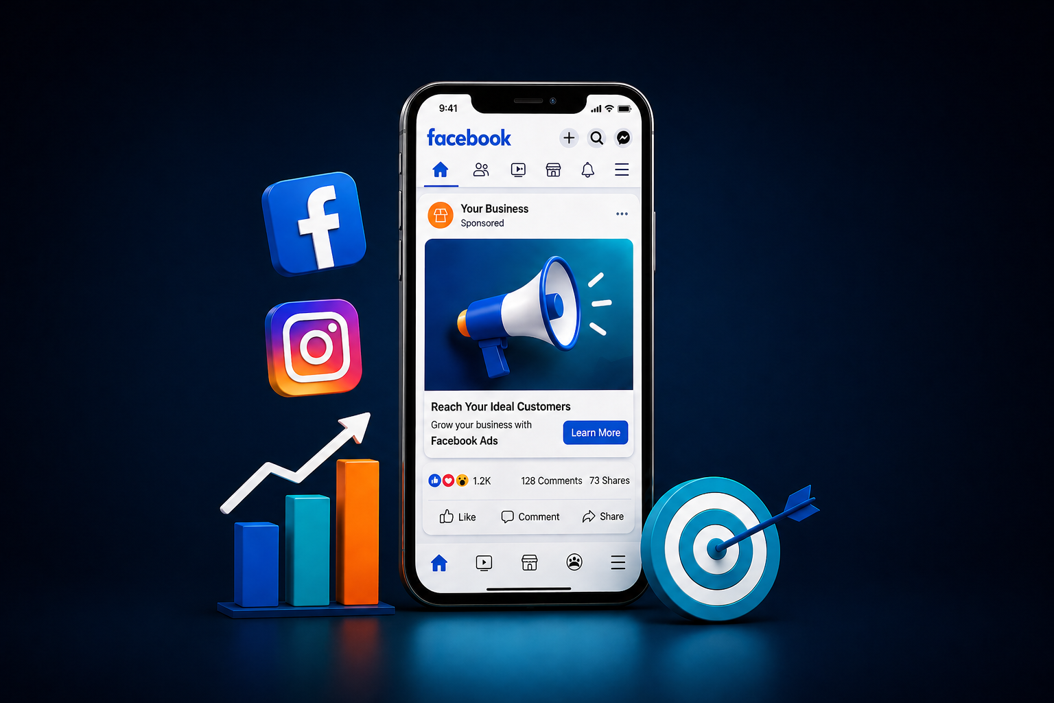 facebook ads service in delhi digital marketing illustration showing audience targeting and lead generation