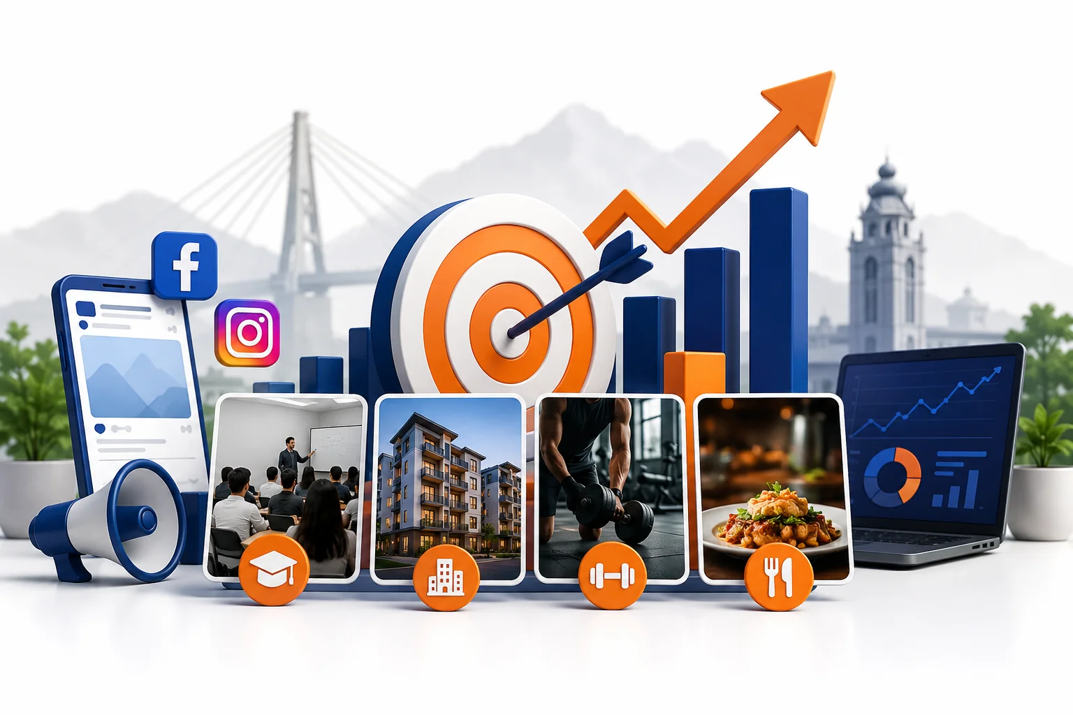 Professional Facebook and Instagram ads campaign results illustration for businesses in Dehradun with growth analytics, social media marketing, lead generation, real estate, fitness, restaurant, and coaching industry visuals in blue and orange theme.